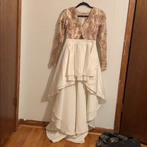 White and Gold Floral Hi-Low Prom Dress